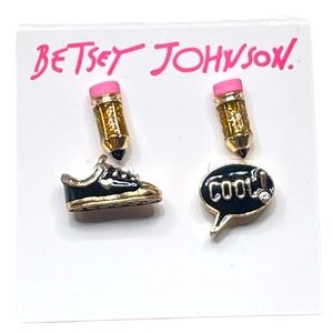 Betsey Johnson Shoe, Cool Quote and Pencil Mismatch Stud Earrings Black Gold